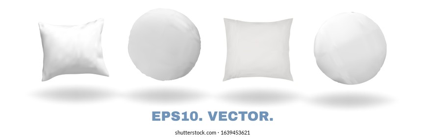 Blank 3D Realistic Images, Round And Square Pillows, Isolated On White Background. Soft Cushions For Comfortable Dreaming, Sweet Sleep. Mockups For Presentation Your Product. Vector Illustrations Kit
