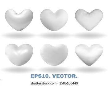 Blank 3d realistic images, white pillows hearts, isolated on white background. Soft cushions for comfortable dreaming and sweet sleep. Mockups for presentation your products. Vector illustrations kit.