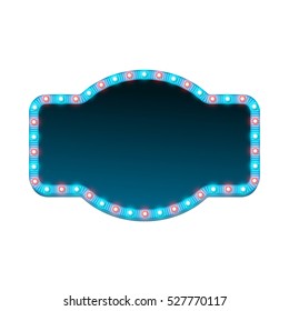 Blank 3d retro light banner with shining lights. Blue sign with blue and red bulbs and dark blank space for text. Advertising street signboard. Vintage frame with glow. Colorful vector illustration.