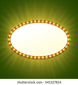 Blank 3d retro light banner with shining bulbs. Red sign with yellow and green lights and blank space for your text. Vintage street signboard. Advertising oval frame with glow. Vector illustration.
