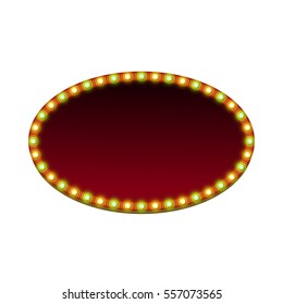 Blank 3d retro light banner with shining lights. Red sign with green and yellow bulbs and dark blank space. Vintage oval street signboard. Advertising elliptical frame. Colorful vector illustration.
