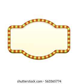 Blank 3d retro light banner with shining lights. Red sign with green and yellow bulbs and bright blank space for text. Vintage street signboard. Advertising frame. Colorful vector illustration.