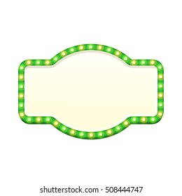 Blank 3d retro light sign with shining bulbs isolated on white background. Green street signboard with yellow and green marquee lights. Advertising frame with glow. Colorful vector illustration.