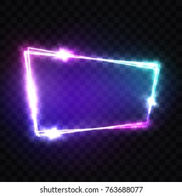 Blank 3d Retro Light Signboard With Shining Neon Effect. Night Club Neon Sign. Techno Frame With Glowing On Transparent Backdrop. Electric Street Banner. Technology Vector Illustration in 80s Style