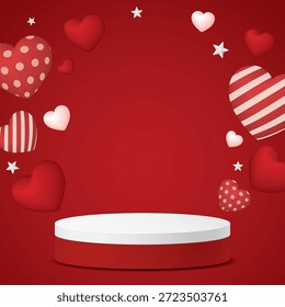 El podio redondeado en blanco 3D para la presentación colocada del producto con el fondo cuadrado rojo tiene globos del corazón, varios diseños y la estrella flotó alrededor de la ilustración gráfica.