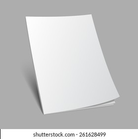 Blank 3d standing magazine or brochure cover on gray background. Vector illustration with soft shadow. 
