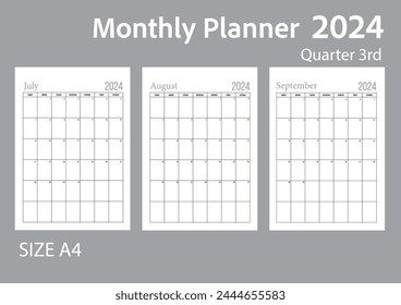 3er trimestre en blanco, planificador mensual, conjunto de 3 meses del año 2024 comienza el domingo sin vacaciones.