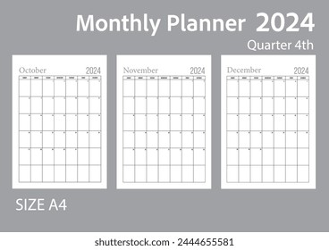 Blank 4th quarter, monthly planner, set of 3 month of year 2024 start at Sunday without holiday.
