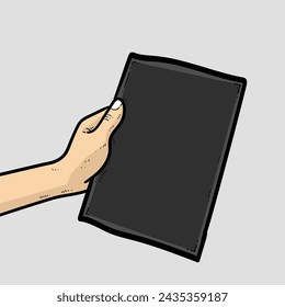 Papel negro A4 en blanco sostenlo con la mano libro de cubierta gris Ilustración moderna del vector del fondo
