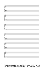 Blank A4 music notes with treble and bass clef. Vector illustartion