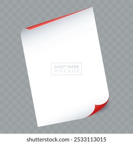 Blank A4 paper sheet with curled edges. Gift wrapping paper with red back and white front. Letter Mockup isolated on transparent background. Vector illustration.