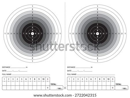 Blank A4 paper shooting target template with two bullseyes, scoring rings, fields for distance, date, name, and 10-shot score table (total 100 pts). Ideal for training scorecard.