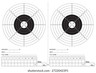 Leeres druckbares A4-Schießziel mit zwei Bullseyes, Punktringen (1-9 + X), Fadenkreuzen, Feldern für die Entfernung, Datum, Name und zwei 10-Schuss-Tabellen (insgesamt 100 Punkte). Perfekt für Feuerwaffentraining.
