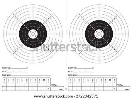 Blank A4 printable shooting target with two bullseyes, scoring rings (1-9 + X), crosshairs, fields for distance, date, name, and dual 10-shot score tables (total 100 pts). Perfect for firearm training scorecard.
