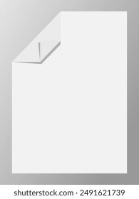 Hoja A4 en blanco con una esquina rizada en un fondo con un gradiente gris.Ilustración vectorial.