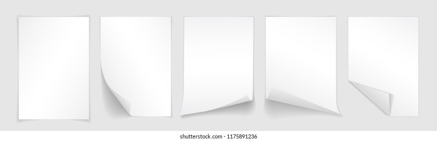 Blank A4 sheet of white paper with curled corner and shadow, template for your design. Set. Vector illustration.