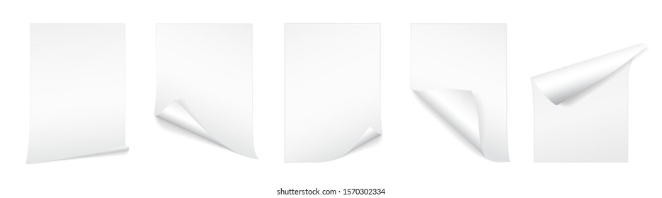 Blank A4 sheet of white paper with curled corner and shadow, template for your design. Set. Vector illustration.