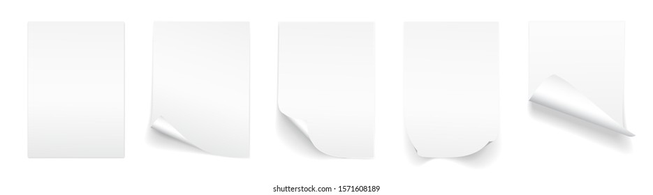 Blank A4 sheet of white paper with curled corner and shadow, template for your design. Set. Vector illustration.