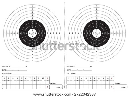 Blank A4 shooting target template with two large bullseyes, scoring rings (1-9 + X), fields for distance, date, name, and dual 10-shot score tables (total 100 pts). Ideal for printable training scorecard.