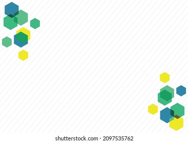 Fondo abstracto en blanco con hexágonos coloridos en el fondo de líneas diagonales grises con espacio para texto.