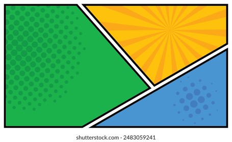 Fondo de página de cómic abstracto en blanco con medios tonos y rayos, Ilustración vectorial