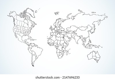 Mapa mundial. Continentes con los contornos de los países. Dibujo de vectores