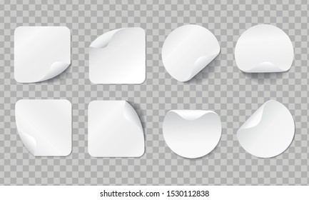 Blank adhesive stickers mock up with curved corner. Realistic empty sticky labels set with shadow on transparent background