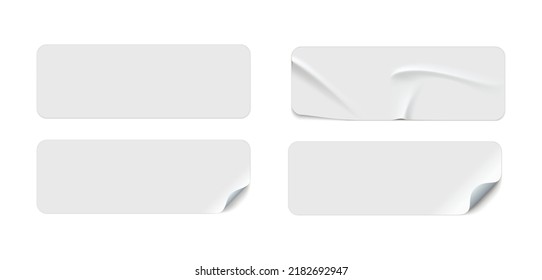 Blank adhesive stickers mock up with curved corner. Mockup empty rectangle sticky label.