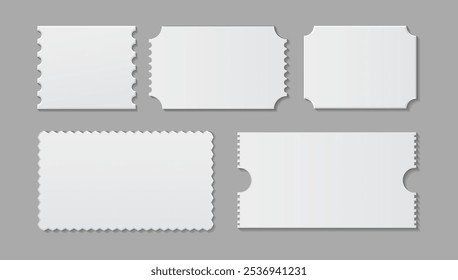 Blank admission or entrance tickets with copy space. Vector isolated set of realistic empty paper pages for cinema or theater, carnival or festival. Stickers or tags, lottery or receipts