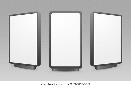 Blank advertisement banner lightbox. Vertical street poster billboard mockup in different position. Here can be your advertising. Vector illustration
