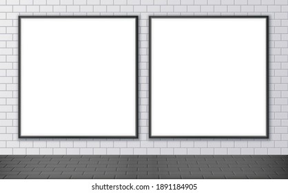 Blank Advertising Billboard Mockup On A Subway Station. Two Square Posters On A Street Wall. Outdoor Ceramic Tile Texture. Vector Illustration