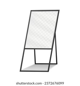 Blank advertising sign holder stand realistic vector mockup. Floor display with black metal frame mock-up. Template for design