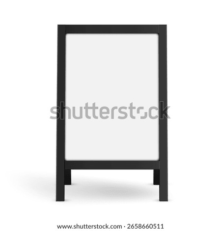 Blank A-frame sandwich board mockup. Ideal for street advertising, cafe menu display, or studio signage. Minimalist black frame, isolated on white, background, front view