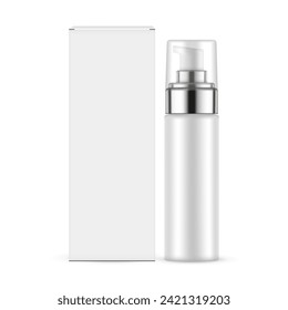 Blank Airless Pump Bottle With Metallic Cover, Transparent Cap And Paper Box, Front View, Isolated On White Background. Vector Illustration