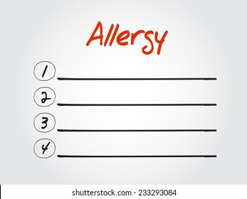 Blank Allergy list, vector concept background