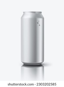 Blank aluminium 500 ml beer can with droplets on wet table. 3d vector mockup