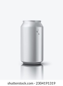 Blank aluminium beverage can with droplets on wet table. 3d vector mockup