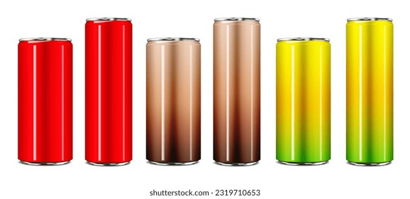 Blank aluminum can isolated on white background realistic color vector mock-up set. Drink tin can packaging mockup. Easy editable vector illustration