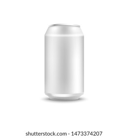 Blank aluminum can mockup for soda or beer in realistic 3d style - isolated vector illustration of side view on empty white metallic pack for alcohol or fizzy sweet drink branding and promotion.