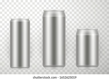 Blank aluminum can, templates set products design for branding. metal container for carbonated soft drinks, alcoholic drinks, fruit juices. Vector 3D can realistic style