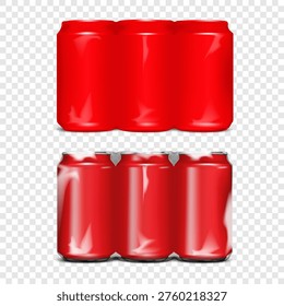 Blank aluminum can three in row multi-pack packaging. Realistic vector mock-up. Opaque and transparent shrink film wrap soda or beer package. Template. Multipack plastic sleeve drink wrapping. Mock-up