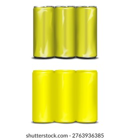Blank aluminum can three in row multi-pack packaging. Easy editable vector mockup. Transparent and opaque color shrink film soda or beer package. Template. Multipack plastic sleeve drink wrap. Mock-up