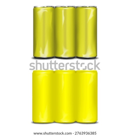 Blank aluminum can three in row multi-pack packaging. Easy editable vector mockup. Transparent and opaque color shrink film soda or beer package. Template. Multipack plastic sleeve drink wrap. Mock-up
