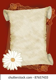 Blank ancient parchment scroll illustration on red background