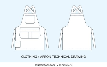 Blank Apron Technical Drawing, Apparel Blueprint for Fashion Designers. Detailed Editable Vector Illustration, Black and White Clothing Schematics, Isolated Background