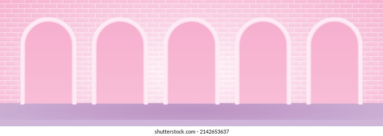 blank arch backdrop display on sweet pastel pink wide brick wall background on purple floor 3d illustration vector for putting your cute girly object 