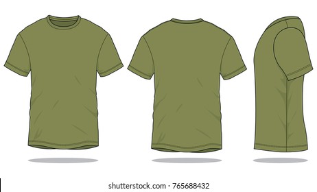 Blank Army Short Sleeves T-shirt Template on White Background. Front, Back, and Side Views, Vector File.