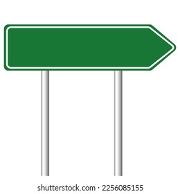 Blank arrow shaped green road sign on white background