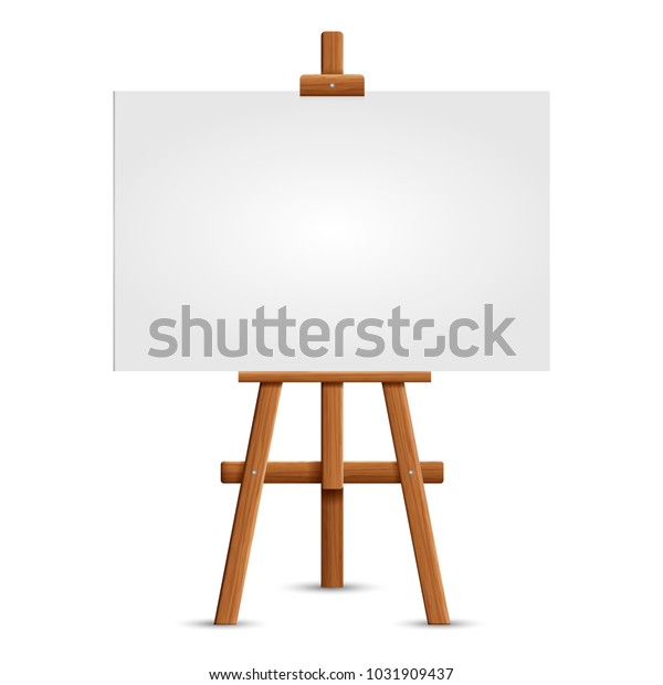空のアートボードとリアルな木のイーゼル 白い背景に木の茶色のイーゼルとモックアップ空の白い正方形のキャンバス ベクターイラスト表示ボード のベクター画像素材 ロイヤリティフリー 1031909437