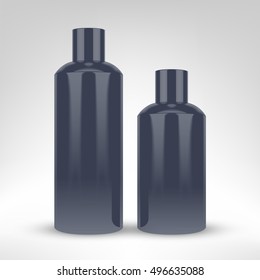 Blank asphalt color shampoo and conditioner cosmetic bottles. Vector illustration.